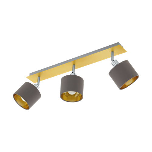 Valbiano Spotlampe i Metal Børstet Messing og Satin Nikkel, med lampeskærme i Cappuccino tekstil, MAX 3x10 E14 LED, længde 56 cm